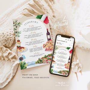 hand painted Italy itinerary template, printable bachelorette party itinerary digital download, original artwork of Lake Como Garda, Italy birthday, bridal shower in Como Italy,girls trip to Europe,hen do party,Italy wedding agenda