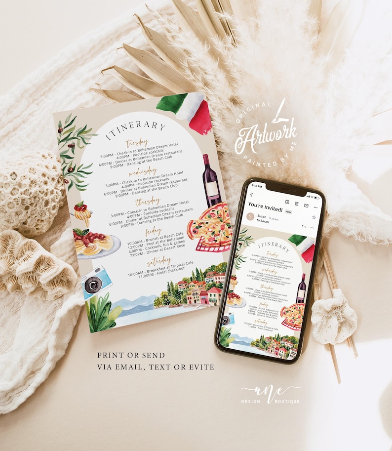 hand painted Italy itinerary template, printable bachelorette party itinerary digital download, original artwork of Lake Como Garda, Italy birthday, bridal shower in Como Italy,girls trip to Europe,hen do party,Italy wedding agenda