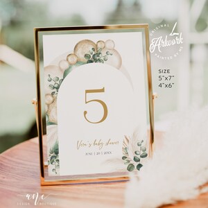 Modelo para impressão de número de mesa Sage Boho Arch, casamento verde silenciado Pampas, chá de bebê neutro de gênero, cartão de mesa nupcial, download DIY 035
