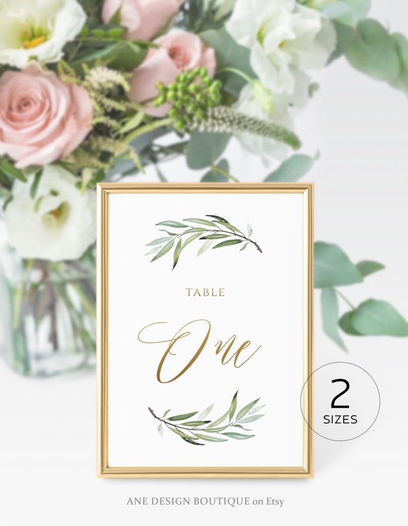 Boho Greenery Gold Text Table Number Card Template, Olive Wedding Table Card 4x6 5x7, Original Sage Aquarelle, Modifiable, DIY, Imprimable 008 image 8