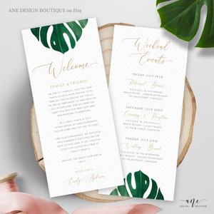 Plantilla de itinerario de bienvenida de Monstera, orden de eventos de boda tropical, nota de bolsa de bienvenida editable, descarga imprimible 100% editable 003