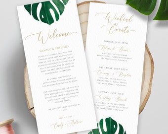 Monstera Welcome Letter Itinerary Template, Tropical Wedding Order of Events Editable Welcome Bag Note, 100% Editable Printable Download 003