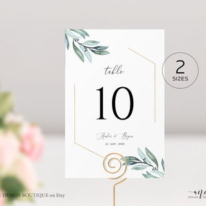 Gold Geometric Table Number Card Template, Eucalyptus Greenery Wedding Table Card 4x6 5x7, Original Artwork, Fully Editable, Printable 004