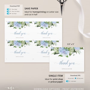 Dusty Blue Hydrangea Thank You Card Template, Editable Flat & Folded ...