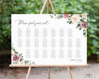 Mauve Roses Horizontal Seating Chart Template, Eucalyptus, Floral Boho Wedding, Shower Table Plan Sign , 100% Editable, A1 A2, Printable 007