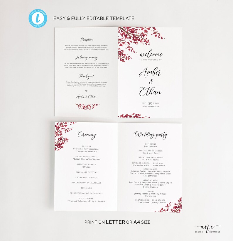 Red Old Oak Tree Fall Wedding Program Template Printable - Etsy
