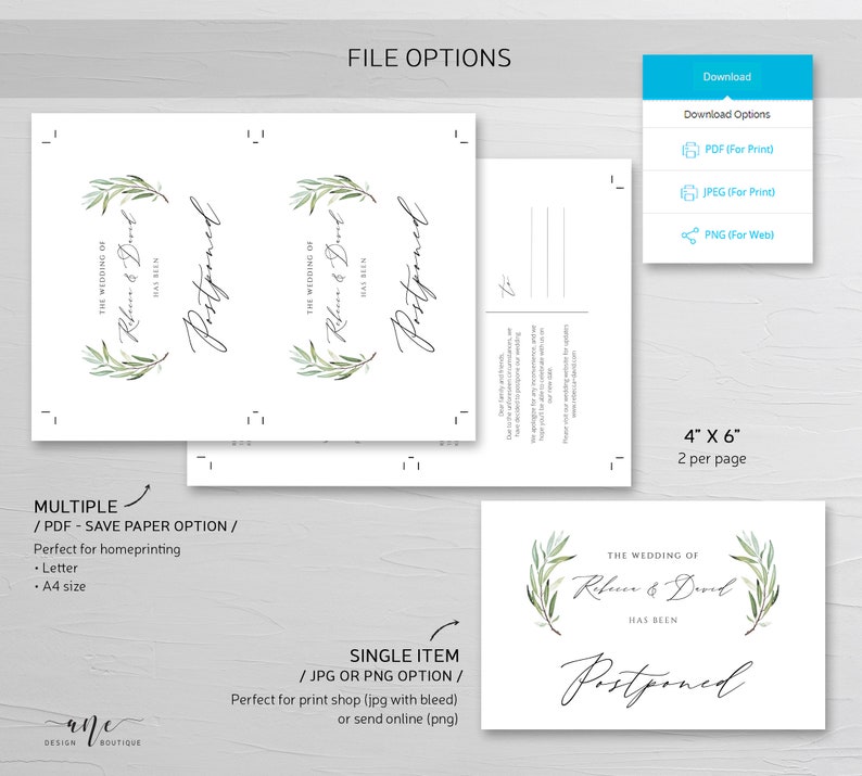 Fully Editable Inst Download 008 Greenery Postponed Wedding Postcard Template Change the Date Printable Change of Plans Announcement Card