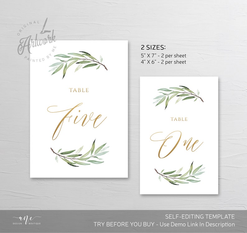 Boho Greenery Gold Text Table Number Card Template, Olive Wedding Table Card 4x6 5x7, Original Sage Aquarelle, Modifiable, DIY, Imprimable 008 image 5