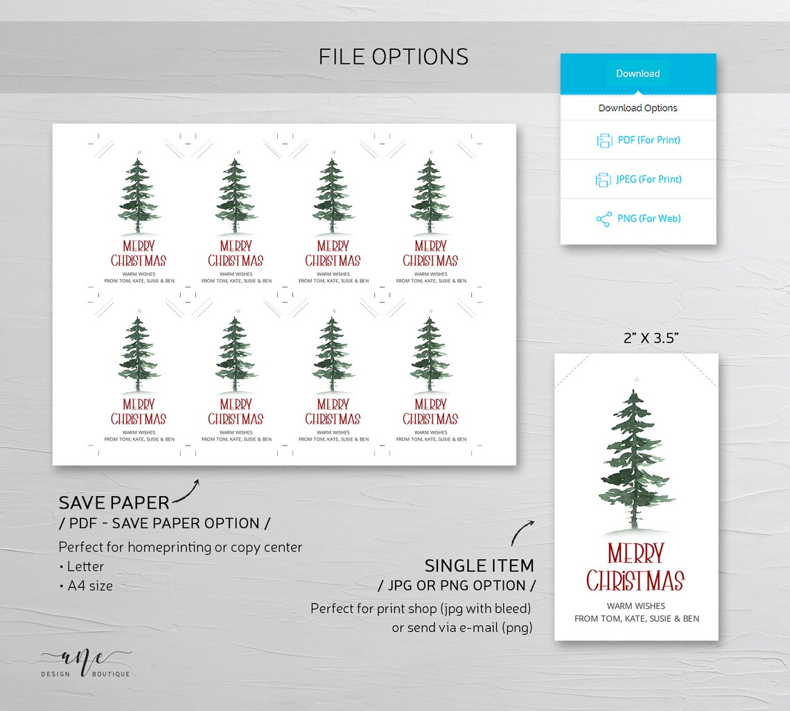 Pine Tree Christmas Gift Tag Template Holiday Printable Favor | Etsy