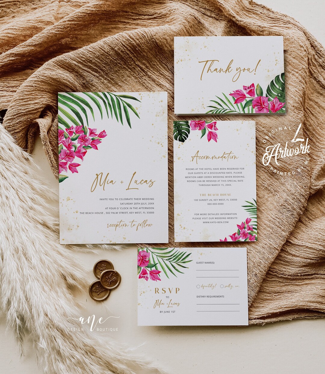 Bougainvillea Tropical Wedding Invitation Set Printable Template, Palm ...
