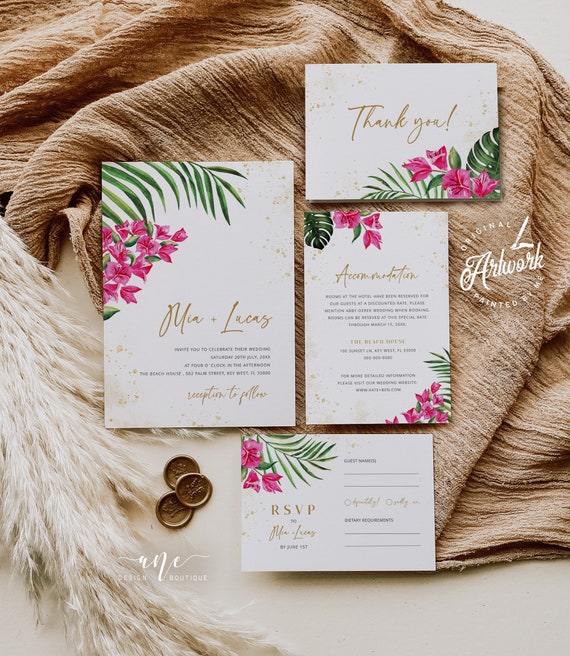 Bougainvillea Tropical Wedding Invitation Set Printable | Etsy