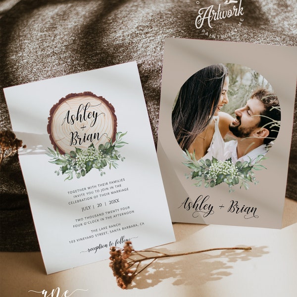 Rustic Wedding Invitation Set Printable Template, Boho Eucalyptus Greenery Baby's Breath, Wood Country Barn, 100% Editable, Download DIY 018