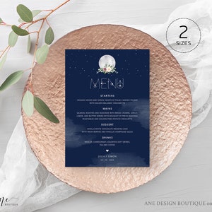 Modelo de menu de casamento da lua celestial, cartão de menu de jantar no céu noturno estrelado, geometria sagrada, espaço azul da galáxia, download editável para impressão 022