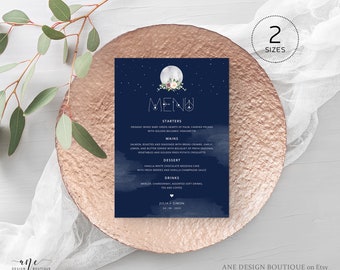 Celestial Moon Wedding Menu Template, Starry Night Sky Dinner Menu Card, Sacred Geometry, Blue Galaxy Space, Editable Printable Download 022