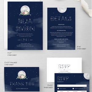 Celestial Moon Wedding Invitation Set Template, Starry Night Sky Wedding Suite, Mystic Sacred Geometry, Navy Blue Galaxy Space, Editable 022 image 5