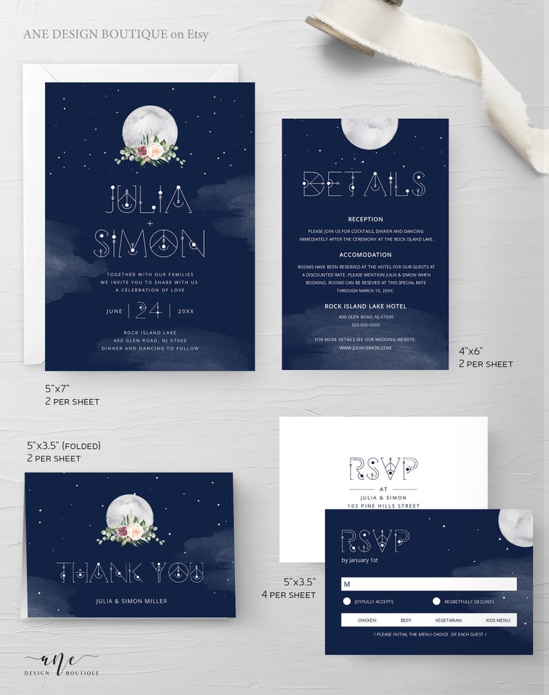 Celestial Moon Wedding Invitation Set Template, Starry Night Sky Wedding Suite, Mystic Sacred Geometry, Navy Blue Galaxy Space, Editable 022 image 5