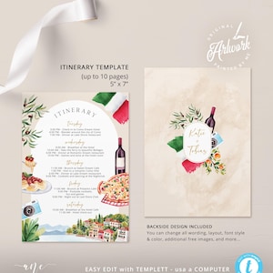 hand painted Italy itinerary template, printable bachelorette party itinerary digital download, original artwork of Lake Como Garda, Italy birthday, bridal shower in Como Italy,girls trip to Europe,hen do party,Italy wedding agenda