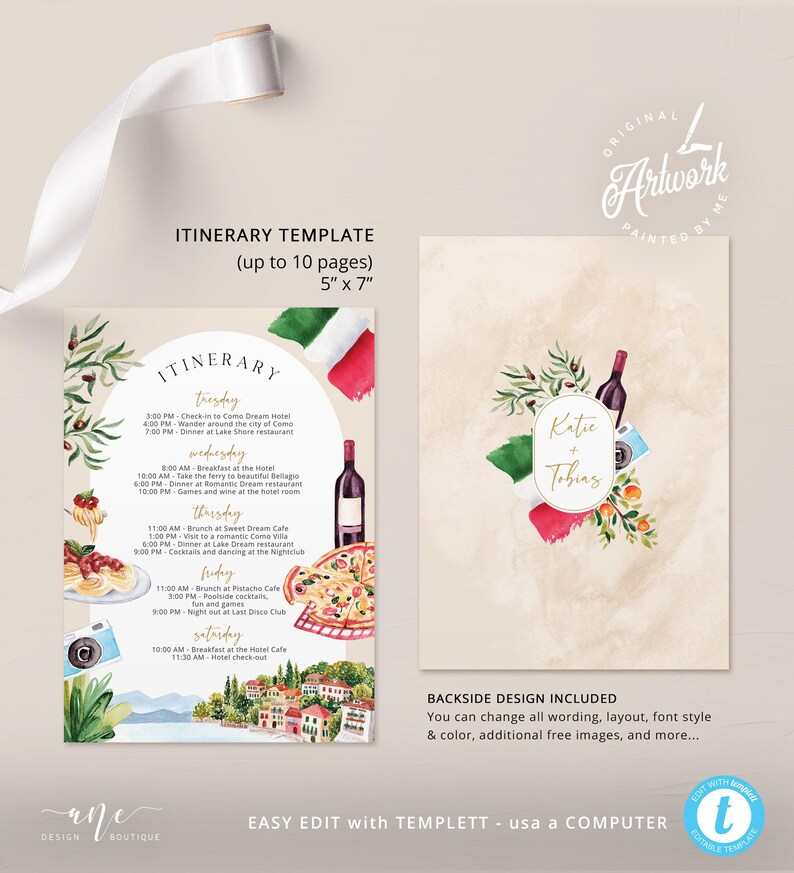 hand painted Italy itinerary template, printable bachelorette party itinerary digital download, original artwork of Lake Como Garda, Italy birthday, bridal shower in Como Italy,girls trip to Europe,hen do party,Italy wedding agenda