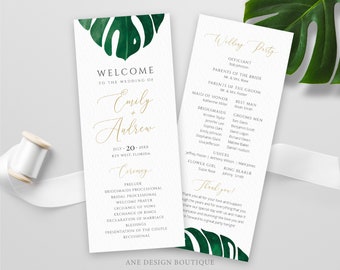 Tropical Monstera Wedding Program Template, Printable Order of Service, Destination Beach Wedding, Monstera Leaf, 100% Editable Download 003