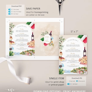 hand painted Italy itinerary template, printable bachelorette party itinerary digital download, original artwork of Lake Como Garda, Italy birthday, bridal shower in Como Italy,girls trip to Europe,hen do party,Italy wedding agenda