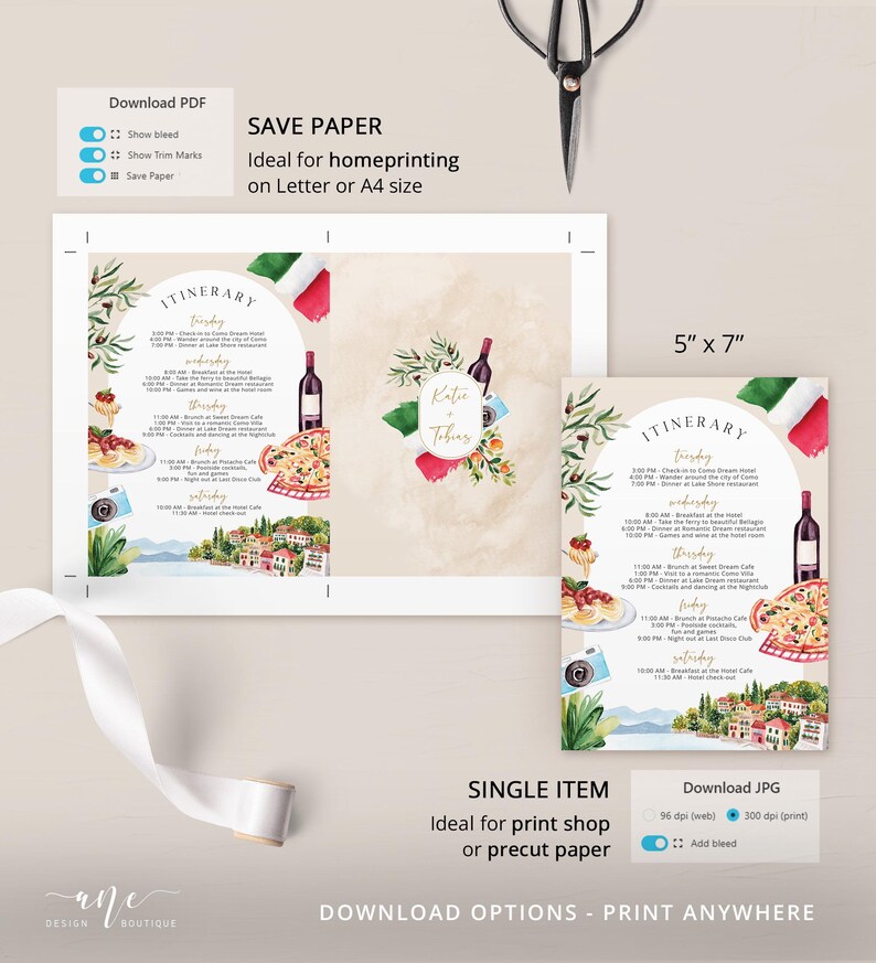 hand painted Italy itinerary template, printable bachelorette party itinerary digital download, original artwork of Lake Como Garda, Italy birthday, bridal shower in Como Italy,girls trip to Europe,hen do party,Italy wedding agenda