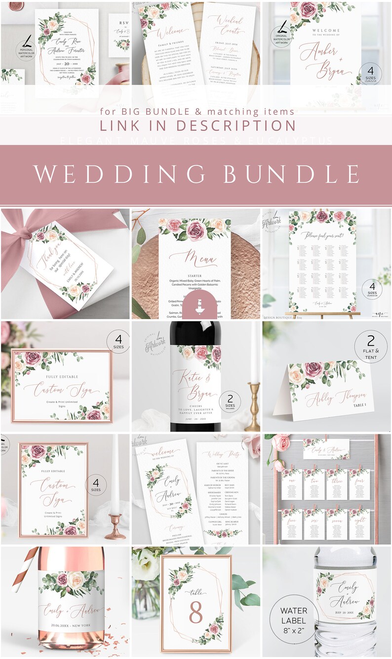May include: A wedding stationery bundle featuring a pink and green floral design with gold accents. The bundle includes a variety of items such as invitations, save the dates, menus, table numbers, and more. The text "Wedding Bundle" is displayed at the top of the image.
