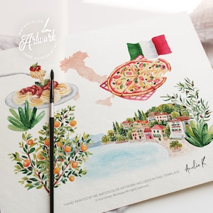 hand painted Italy itinerary template, printable bachelorette party itinerary digital download, original artwork of Lake Como Garda, Italy birthday, bridal shower in Como Italy,girls trip to Europe,hen do party,Italy wedding agenda
