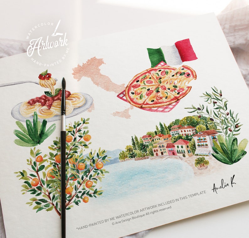 hand painted Italy itinerary template, printable bachelorette party itinerary digital download, original artwork of Lake Como Garda, Italy birthday, bridal shower in Como Italy,girls trip to Europe,hen do party,Italy wedding agenda