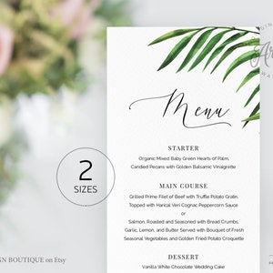 Modèle de carte de menu de mariage de verdure tropicale, menu de dîner de plage pour la douche de bébé nuptiale, Palm Monstera, 100 % modifiable imprimable, télécharger 002