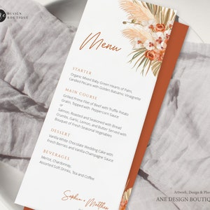 Terracotta Boho bruiloft menusjabloon, woestijn pampas gras afdrukbare diner menukaart, aardse tinten verbrand oranje, bewerkbare download DIY 017b