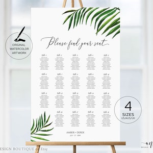May include: A printable wedding seating chart with a tropical theme. The chart features a watercolor illustration of palm leaves in shades of green. The text "Please find your seat" is written in a cursive font. The chart is divided into tables numbered 1 through 19. Each table lists the names of the guests assigned to that table. The chart also includes the names of the bride and groom, "Amber + Derek", and the wedding date, "July 21, 20XX".