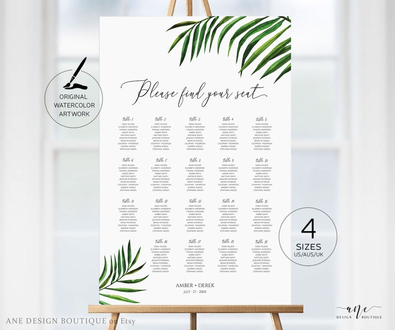 May include: A printable wedding seating chart with a tropical theme. The chart features a watercolor illustration of palm leaves in shades of green. The text "Please find your seat" is written in a cursive font. The chart is divided into tables numbered 1 through 19. Each table lists the names of the guests assigned to that table. The chart also includes the names of the bride and groom, "Amber + Derek", and the wedding date, "July 21, 20XX".