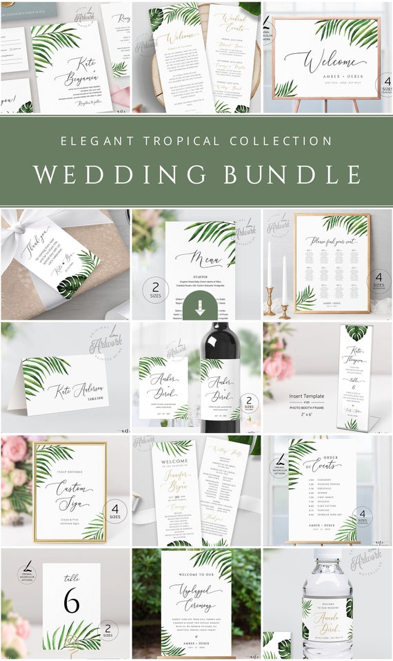 Hand Painted Tropical Wedding Stationery Bundle Printable, Editable Minimalist Destination Beach Invitation Set Signs Templates Download 002