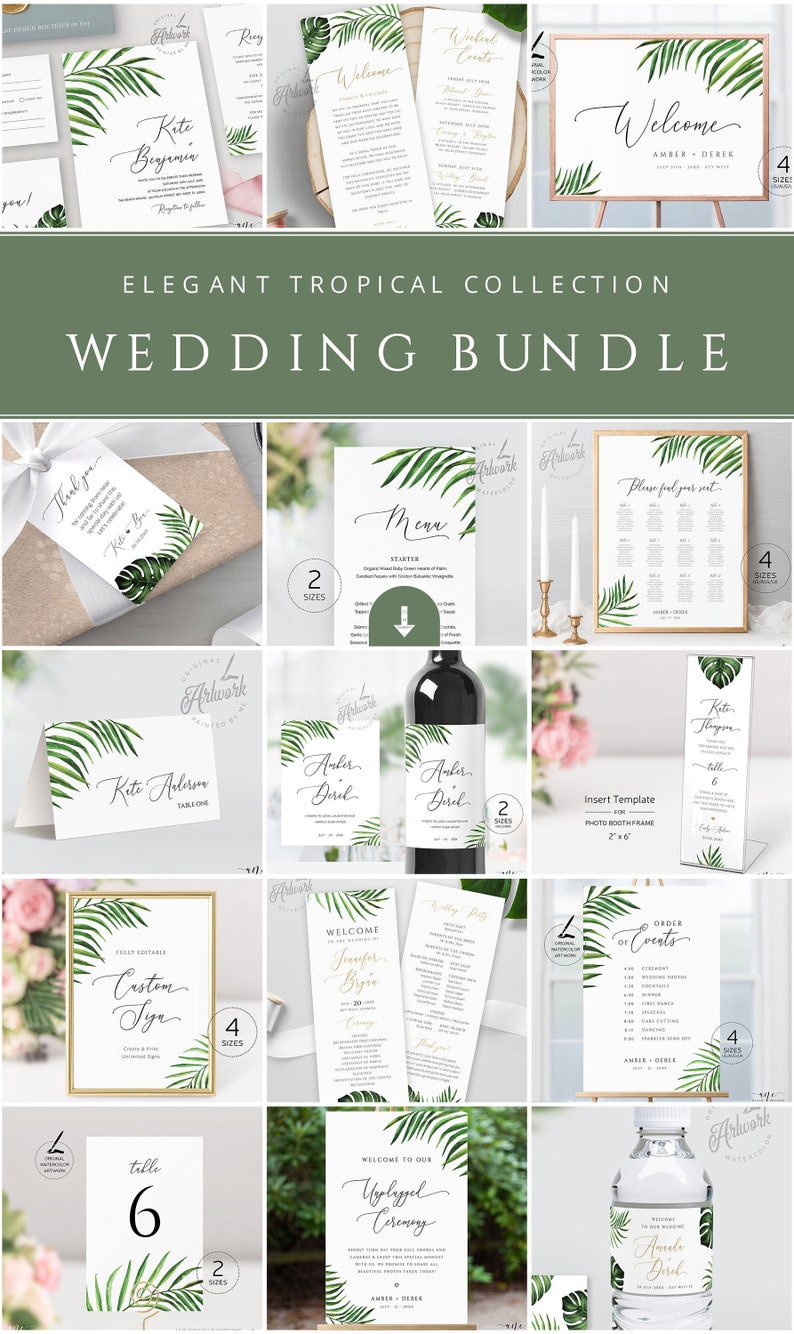 May include: A collection of tropical wedding stationery templates featuring palm leaves and gold accents. The templates include invitations, save the dates, menus, table numbers, welcome signs, and more.