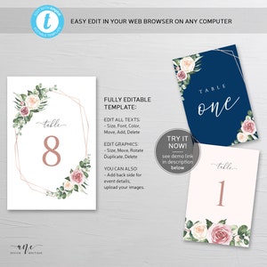 May include: Editable wedding table number template with a floral design. The template features a gold geometric frame with pink and white flowers and greenery. The text "Table one" is displayed in a white font on a navy blue background. The text "Table eight" is displayed in a rose gold font on a white background.