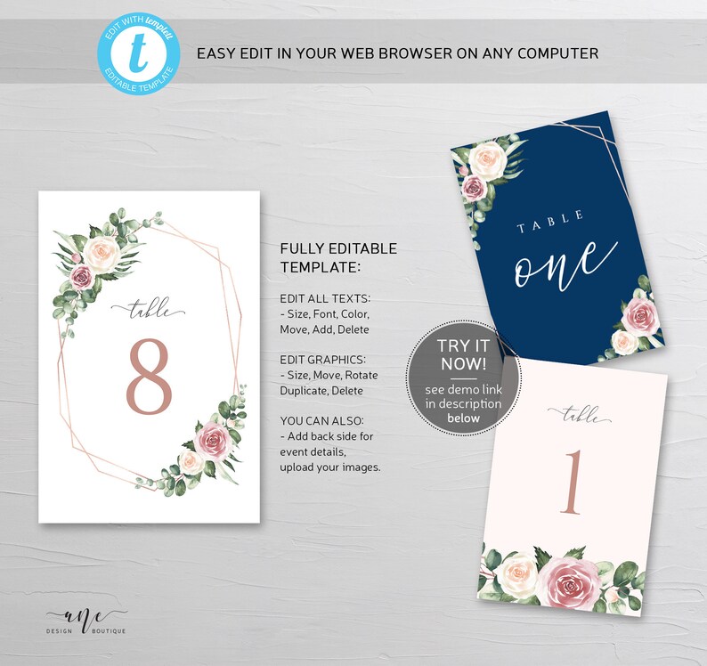 May include: Editable wedding table number template with a floral design. The template features a gold geometric frame with pink and white flowers and greenery. The text "Table one" is displayed in a white font on a navy blue background. The text "Table eight" is displayed in a rose gold font on a white background.