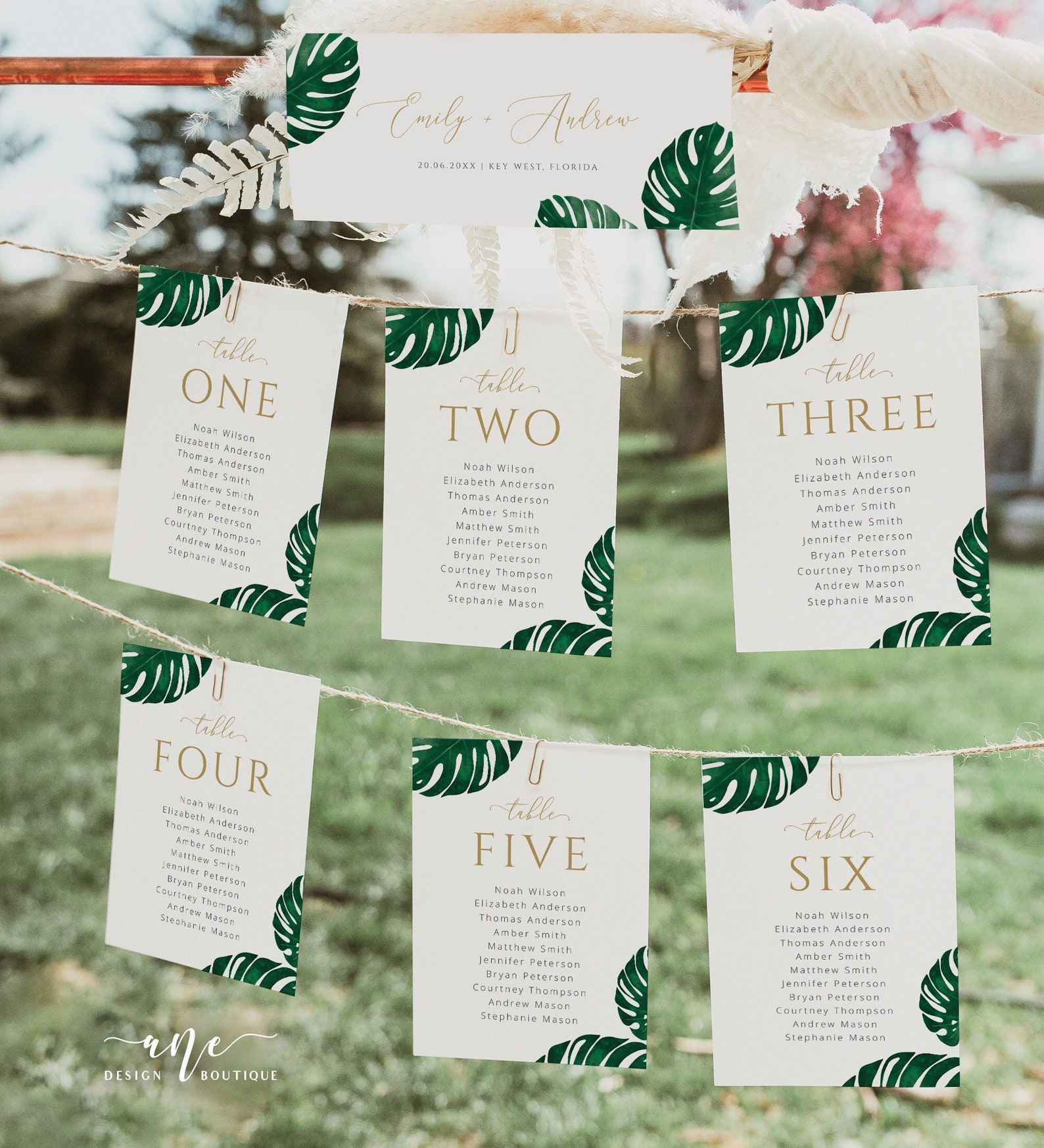 Monstera Table Numbers Monstera Seating Chart Template, Table Number Cards, Beach Palm Leaves ...
