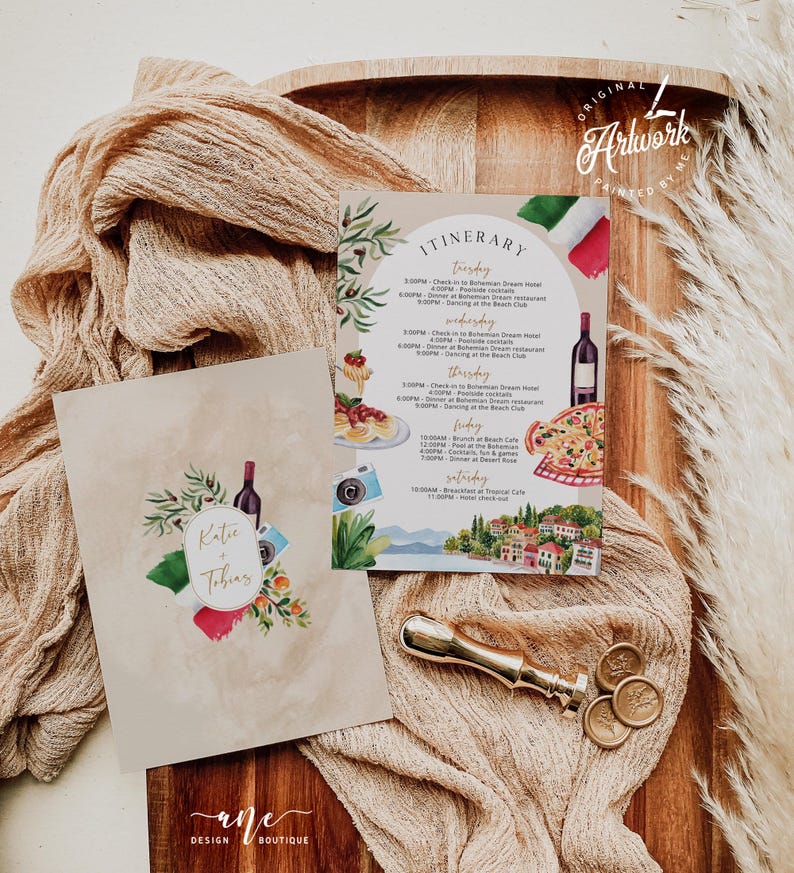 hand painted Italy itinerary template, printable bachelorette party itinerary digital download, original artwork of Lake Como Garda, Italy birthday, bridal shower in Como Italy,girls trip to Europe,hen do party,Italy wedding agenda