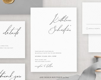 Minimalistische moderne Kalligraphie Hochzeitseinladung Set Vorlage, einfache stilvolle Invite Suite, 100% bearbeitbar, druckbar, Sofortiger Download, 011