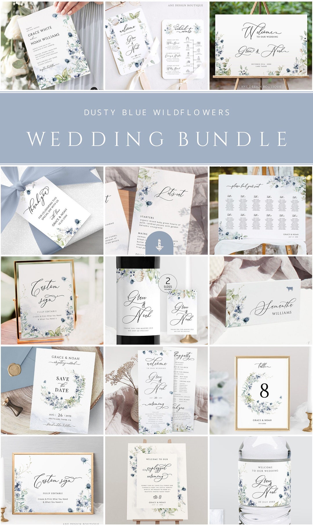 Dusty Blue Wedding Stationery BUNDLE Template, Pastel Boho Editable ...