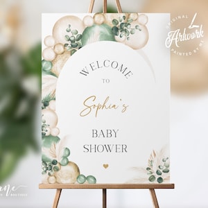 Salbei grün Baby Shower Willkommensschild Vorlage, geschlechtsneutral bearbeitbares Poster Zeichen DIY, gedämpfter Boho Pampas Ballon Bogen, digitaler Download 035
