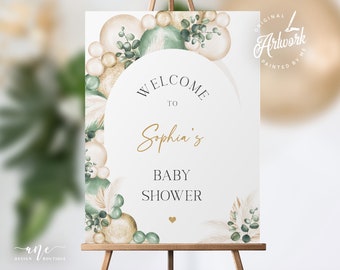 Sage Green Baby Shower Welcome Sign Template, Gender Neutral Editable Poster Sign DIY, Muted Boho Pampas Balloon Arch, Digital Download 035