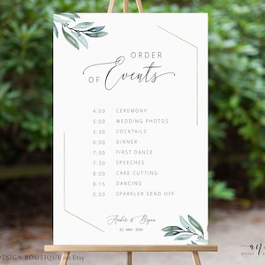 Gold Geometric Eucalyptus Wedding Program Sign Template, Editable Order of Service / Events, Wedding Timeline & Agenda, Ceremony Program 004