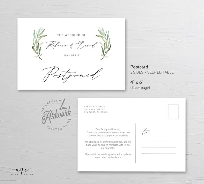 Fully Editable Inst Download 008 Greenery Postponed Wedding Postcard Template Change the Date Printable Change of Plans Announcement Card