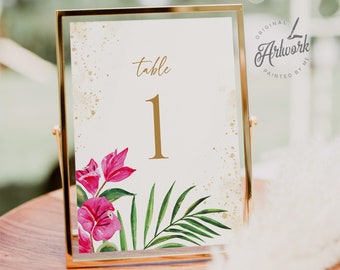 Pink Bougainvillea Tropical Wedding Table Numbers Template, Printable Beach Wedding Shower Seating Table Card Editable Digital Download 002b