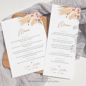 Pampas gras bruiloft menusjabloon, Boho gedroogd gras afdrukbare diner menukaart, tropische bruids douche menu volledig bewerkbare download DIY 017