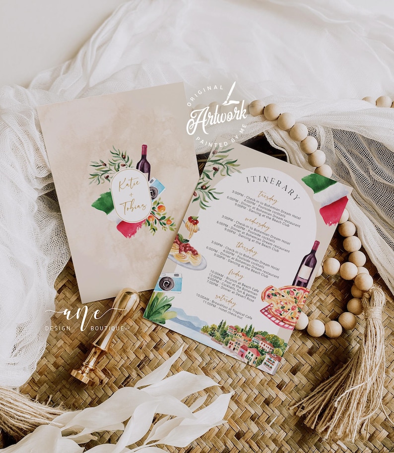 hand painted Italy itinerary template, printable bachelorette party itinerary digital download, original artwork of Lake Como Garda, Italy birthday, bridal shower in Como Italy,girls trip to Europe,hen do party,Italy wedding agenda