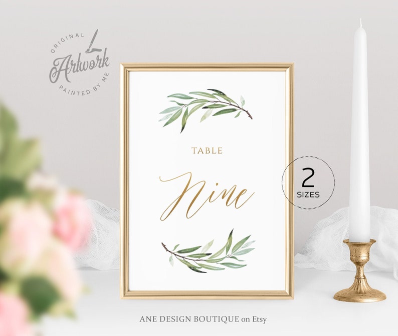 Boho Greenery Gold Text Table Number Card Template, Olive Wedding Table Card 4x6 5x7, Original Sage Aquarelle, Modifiable, DIY, Imprimable 008 image 3