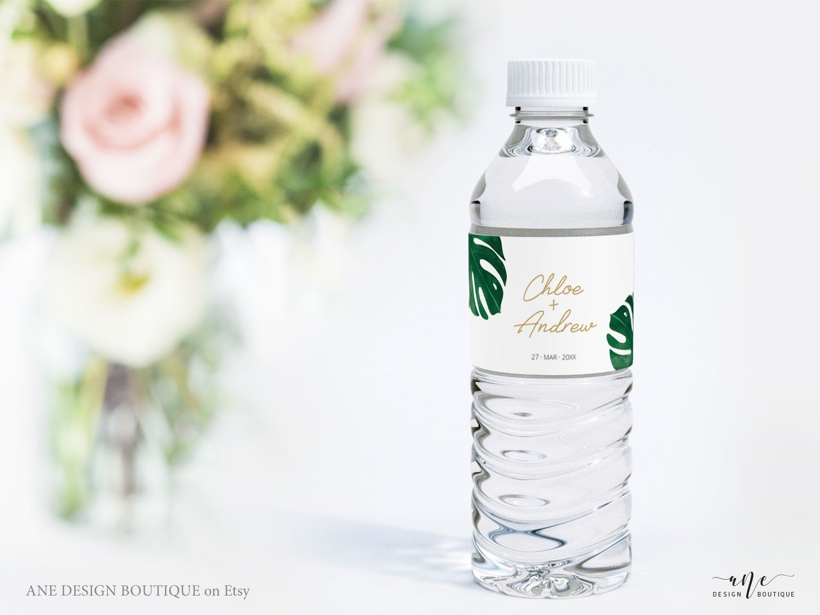 Monstera Custom Water Bottle Label Template, Tropical Greenery, Beach ...