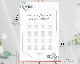 Geometric Eucalyptus Seating Chart Template, Where in the world, Greenery Wedding Signs, Watercolor Artwork, 100% Editable, Printable, 004